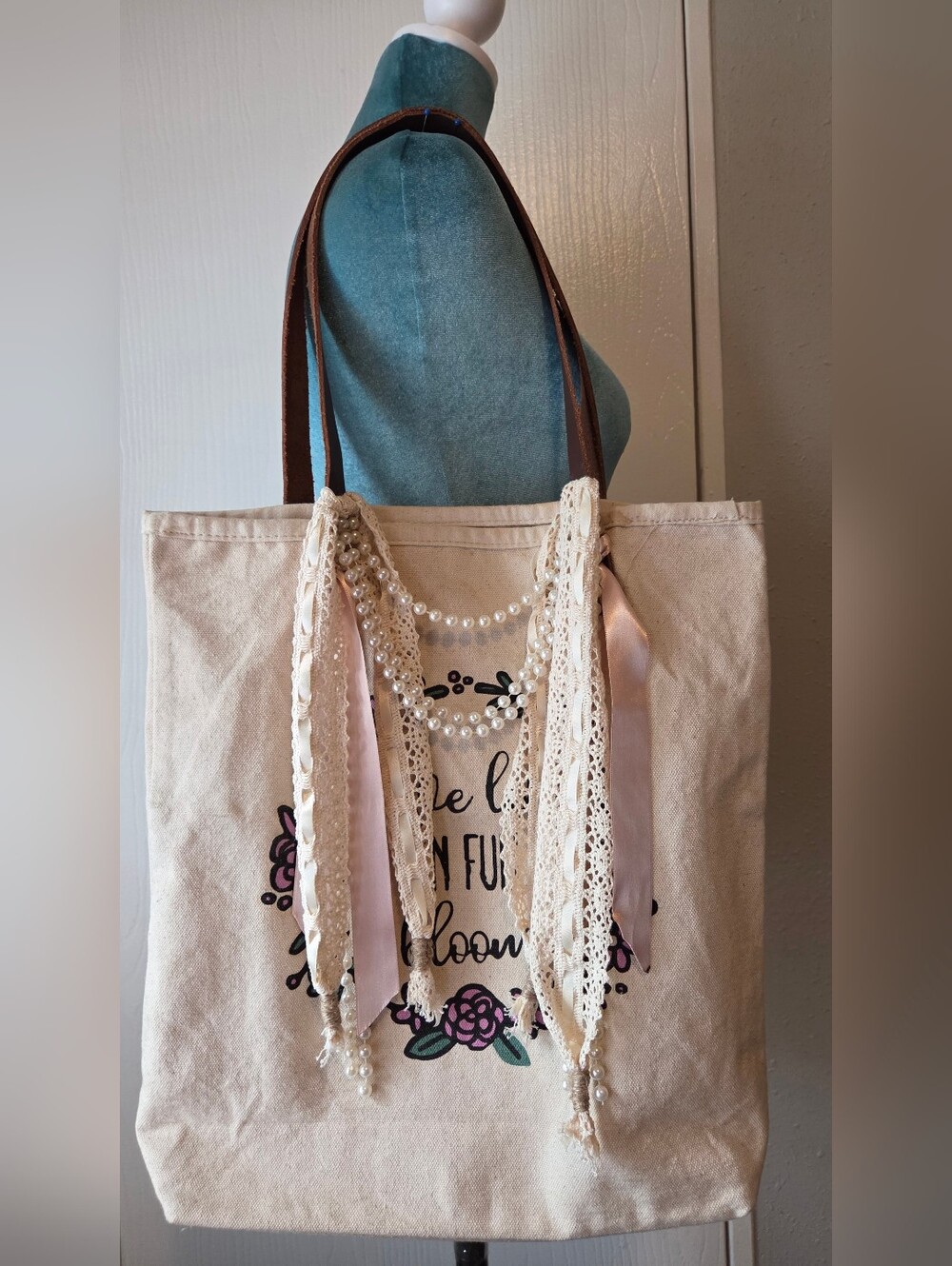 Cream 100% Cotton Canvas Tote with 100% Leather Straps Pink Ribbon Pearl Accents